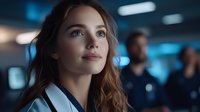 Young professional woman with confident expression and wavy brown hair in office environment looking up thoughtfully against blurred blue background with coworkers.