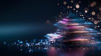 Glowing neon light trails forming abstract spiral shape with bokeh particles against dark background, futuristic digital art composition with blue and pink colors.