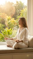 Young Caucasian woman meditating in lotus position by sunny window with green plants, practicing mindfulness and yoga at home in natural morning light.