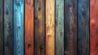 Colorful wooden planks in rustic style featuring blue, orange, brown, and red tones with natural grain texture and knots create vintage wall pattern background.