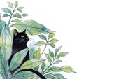 Black cat sitting among lush green foliage and leaves on white background, isolated pet illustration for design projects and decorative purposes.
