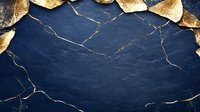 Luxurious navy blue marble texture with gold leaf cracks and veins forming elegant border frame on dark background, abstract luxury design pattern.
