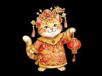 Cute orange tabby cat wearing traditional red and gold Chinese ceremonial robe with lucky coins and holding red lantern, isolated on transparent background. Ready for t-shirt design, stickers, clipart, sublimation and print-on-demand products.