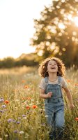 Happy young girl with curly hair laughing joyfully in wildflower meadow during golden hour sunset with warm bokeh light filtering through trees.