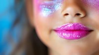 Close up macro shot of bright pink glossy lips and glittery blue eye makeup against blurred background, showcasing vibrant cosmetics and beauty artistry.