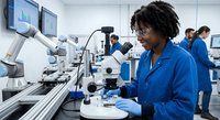 African American female scientist working with microscope in modern laboratory conducting research and analysis with advanced equipment and technology.