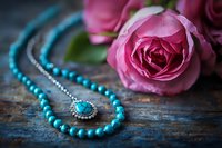 Turquoise beaded necklace with pendant and pink rose on rustic wooden background, romantic jewelry composition in vintage style with soft lighting.