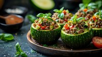 Fresh zucchini boats stuffed with seasoned ground meat, colorful vegetables and herbs, served on rustic wooden board against dark background. Healthy low carb meal.