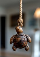 Wooden sea turtle pendant with brick shell pattern hanging on natural rope against blurred background. Artisanal carved marine decor for coastal home styling.