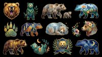 Grizzly bear roaring with open mouth, isolated on transparent background. Brown, green, and blue bear illustrations ready for t-shirt design, clipart, stickers, sublimation, and print-on-demand products.