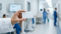 Doctor in white coat holding blank business card in modern hospital corridor with medical staff in blue uniforms working in background. For healthcare marketing and medical business presentations.