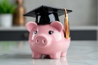 Pink ceramic piggy bank wearing a black graduation cap with gold tassel, symbolizing education savings, student loans, and financial planning.