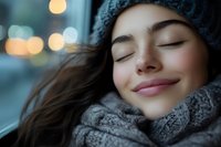 Young woman with closed eyes wearing gray knit scarf and hat smiling peacefully in winter evening with warm bokeh lights background.