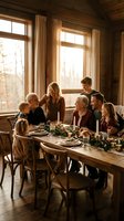 Multi-generational family enjoying festive dinner together in cozy rustic cabin dining room with warm natural lighting and wooden interior.