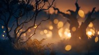 Autumn twilight scene with bare tree branches silhouetted against warm golden bokeh lights creating dreamy atmospheric mood for seasonal backgrounds.