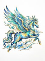 Ornate winged horse with blue, gold, and turquoise decorative patterns, isolated on transparent background. Ready for t-shirts, stickers, clipart, sublimation, and print-on-demand designs.