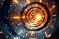 Futuristic glowing orange tunnel with circular tech elements and light particles creating depth perspective, dynamic motion effect in dark space background.