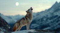 Lone wolf howling at full moon on snowy mountain peak. Majestic wild animal silhouetted against dramatic winter landscape and evening sky in wilderness.