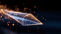 Glowing geometric crystal shape with light trails and sparkles floating in dark space, surrounded by magical bokeh particles and blue luminous effects.