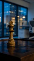 Wooden chess pawn piece positioned on dark desk in modern office with blurred city lights through windows at dusk, symbolizing strategy and business leadership.