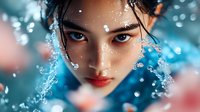 Young Asian woman with intense gaze surrounded by water splashes and bokeh lights, creating dramatic portrait with blue tones and red accents.