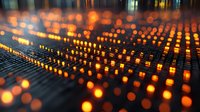 Professional audio mixing console with glowing orange LED lights and faders in recording studio, dramatic close-up view showing depth of field and bokeh effects.
