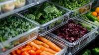 Fresh organic produce in transparent storage containers showing carrots, leafy greens, and beets arranged in commercial kitchen or restaurant setting.