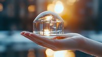 Female hand holding glass dome with glowing light inside against blurred bokeh background, creating magical atmosphere and dreamy illumination effect.