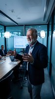 Senior Caucasian businessman presenting in modern conference room with financial charts, corporate meeting environment for leadership and strategy discussions.