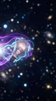 Glowing light bulb surrounded by vibrant purple and cyan energy waves against dark starry background, symbolizing innovation, creativity, and bright ideas for technology and business concepts.