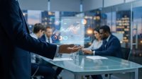 Business professional presenting holographic financial data analytics with growth charts and statistics in modern corporate meeting room environment.
