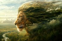Majestic lion head emerging from mystical landscape, blending with flowing clouds and winding river valley, dramatic fantasy art composition in golden light.