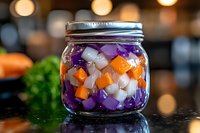 Fresh pickled vegetables in glass jar with purple cabbage, carrots and onions on dark counter with bokeh lights, showcasing homemade preservation method.
