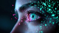 Mesmerizing close-up of glowing turquoise eye with pink and teal sparkles against dark background, featuring dramatic makeup and ethereal lighting effects.