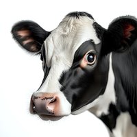 Close-up portrait of Holstein dairy cow head with black and white markings showing gentle expression and distinctive eye against white background.