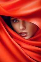 Mysterious woman with bright red lipstick partially covered by flowing red silk fabric, creating dramatic contrast against dark background. Perfect for beauty and fashion designs.