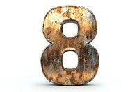 Rustic metallic number 8 with weathered copper patina texture and distressed surface isolated on white background for vintage industrial design projects.
