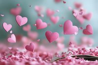 Pink paper hearts floating above open book with romantic atmosphere for Valentine's Day greeting cards and love-themed designs.