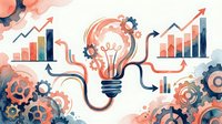 Creative business innovation concept with lightbulb connected to growth charts and mechanical gears on coral background for strategic planning presentations.