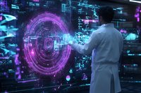 Asian male scientist in lab coat interacting with futuristic holographic interface displaying purple and blue circular data visualization patterns and digital elements.