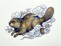 Flying squirrel with ornamental swirls and botanical elements, rendered in watercolor and ink on isolated white background for design projects.
