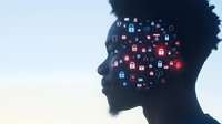 Male profile silhouette with glowing digital padlock icons emerging from head representing cybersecurity, data protection, and artificial intelligence concepts.