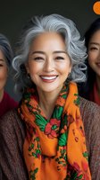 Mature Asian woman with silver gray hair smiling warmly wearing colorful floral scarf and brown sweater in autumn setting for lifestyle content.