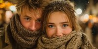 Young couple wrapped in warm knitted scarves enjoying romantic winter evening outdoors with festive lights creating cozy holiday atmosphere.