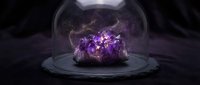 Purple crystal cluster under glass dome with magical glowing energy effects on dark stone surface for fantasy gaming and mystical design projects.