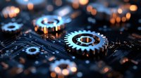 Glowing mechanical gears on circuit board with orange bokeh lights, macro photography showing industrial technology and engineering innovation background.