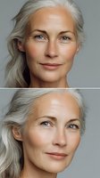 Elegant mature woman with silver hair and blue eyes showcasing natural beauty against neutral gray background, perfect for aging gracefully campaigns.