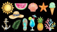 Bright summer collection featuring sun, watermelon, seashell, starfish, ice cream cone, straw hat, anchor, palm leaf, flip-flops, tropical cocktail, pineapple and coral. Isolated on transparent background, ready for t-shirts, clipart, stickers and print-on-demand designs.