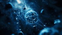 Glowing network sphere with connected dots floating in dark blue cosmic space surrounded by particles and light effects. Digital global connectivity concept.