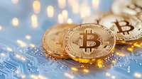 Golden cryptocurrency coins on circuit board with glowing bokeh lights in background, modern digital money concept for financial technology and banking.
